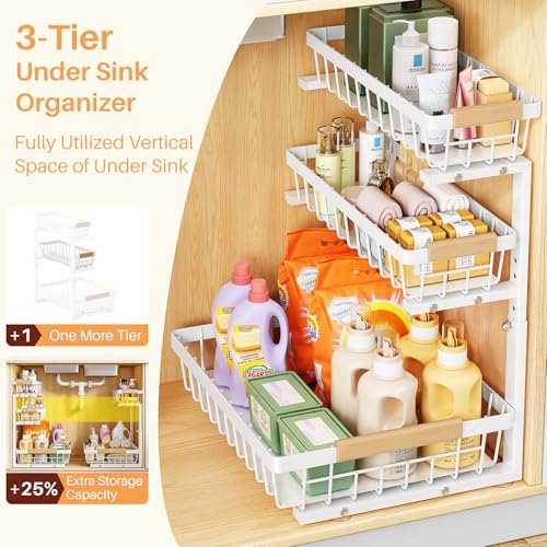 PXRACK Under Sink Organizer, 2-Pack 3-Tier Height Adjustable Thickened Metal Pull out Cabinet Organizer Shelf, Slide out Storage Drawer Rack for Bathroom Kitchen Pantry Home Organization, White - My Kitchen Products