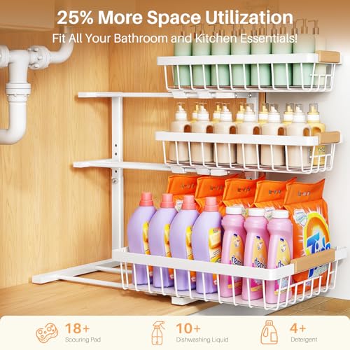 PXRACK Under Sink Organizer, 2-Pack 3-Tier Height Adjustable Thickened Metal Pull out Cabinet Organizer Shelf, Slide out Storage Drawer Rack for Bathroom Kitchen Pantry Home Organization, White - My Kitchen Products