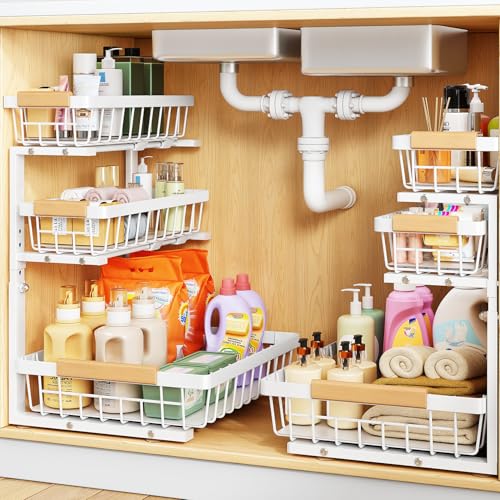 PXRACK Under Sink Organizer, 2-Pack 3-Tier Height Adjustable Thickened Metal Pull out Cabinet Organizer