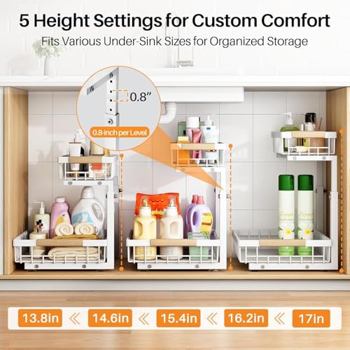 PXRACK Under Sink Organizer, Adjustable Height, 2 Tier Pull Out Under Cabinet Organizer, Slide Out Thickened Metal Under Sink Storage for Kitchen Bathroom Laundry Pantry Cabinet, White, Large-2-Pack - My Kitchen Products