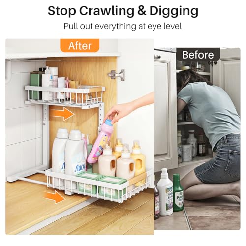 PXRACK Under Sink Organizer, Adjustable Height, 2 Tier Pull Out Under Cabinet Organizer, Slide Out Thickened Metal Under Sink Storage for Kitchen Bathroom Laundry Pantry Cabinet, White, Large-2-Pack - My Kitchen Products
