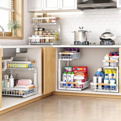 PXRACK Under Sink Organizer, Adjustable Height, 2 Tier Pull Out Under Cabinet Organizer, Slide Out Thickened Metal Under Sink Storage for Kitchen Bathroom Laundry Pantry Cabinet, White, Large-2-Pack - My Kitchen Products