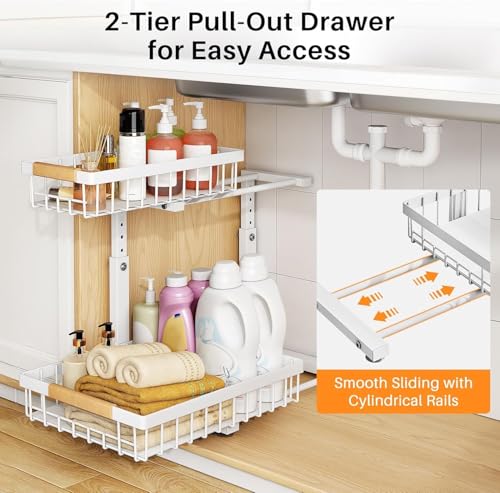 PXRACK Under Sink Organizer, Adjustable Height, 2 Tier Pull Out Under Cabinet Organizer, Slide Out Thickened Metal Under Sink Storage for Kitchen Bathroom Laundry Pantry Cabinet, White, Large-2-Pack - My Kitchen Products