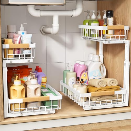 PXRACK Under Sink Organizer, Adjustable Height, 2 Tier Pull Out Under Cabinet