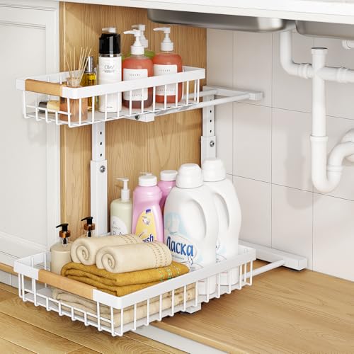 PXRACK Under Sink Organizer, Adjustable Height, 2 Tier Pull Out Under Cabinet Organizer, Slide Out Thickened Metal Under Sink Storage for Kitchen Bathroom Laundry Pantry Cabinet, White, Large-2-Pack - My Kitchen Products