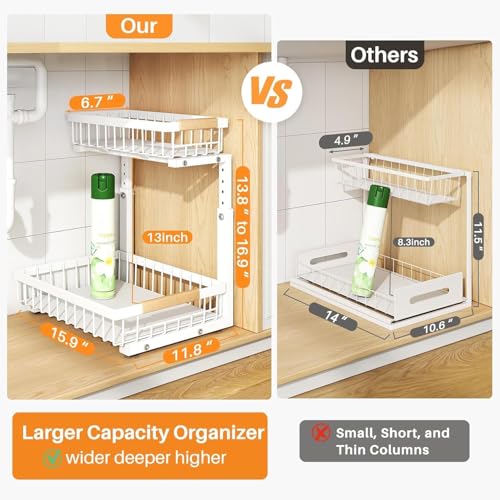 PXRACK Under Sink Organizer, Adjustable Height, 2 Tier Pull Out Under Cabinet Organizer, Slide Out Thickened Metal Under Sink Storage for Kitchen Bathroom Laundry Pantry Cabinet, White, Large-2-Pack - My Kitchen Products