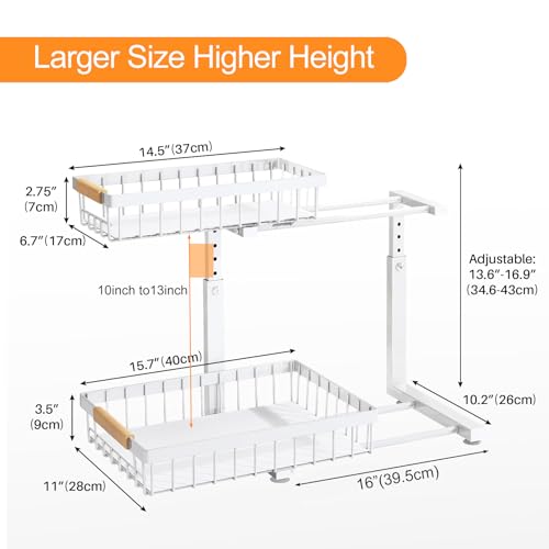 PXRACK Under Sink Organizer, Adjustable Height, 2 Tier Pull Out Under Cabinet Organizer, Slide Out Thickened Metal Under Sink Storage for Kitchen Bathroom Laundry Pantry Cabinet, White, Large-2-Pack - My Kitchen Products