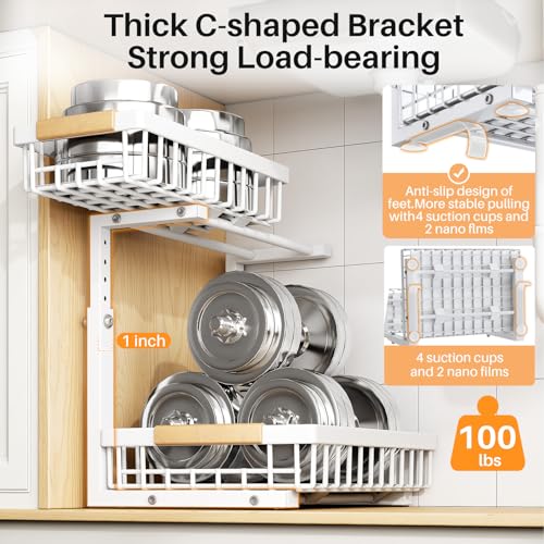 PXRACK Under Sink Organizer, Adjustable Height, 2 Tier Pull Out Under Cabinet Organizer, Slide Out Thickened Metal Under Sink Storage for Kitchen Bathroom Laundry Pantry Cabinet, White, Large-2-Pack - My Kitchen Products