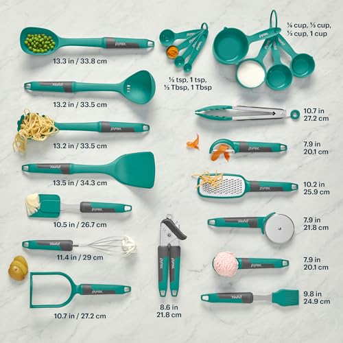 Pyrex 22-Piece Kitchen Cooking Utensils Set, Non-Stick Cooking Gadgets, Spatulas, Pizza Wheel, Grater, Measuring, and More - My Kitchen Products