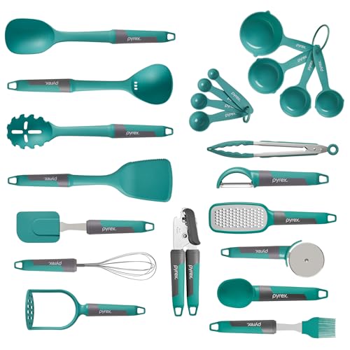 Pyrex 22-Piece Kitchen Cooking Utensils Set, Non-Stick Cooking Gadgets, Spatulas, Pizza Wheel, Grater, Measuring, and More - My Kitchen Products