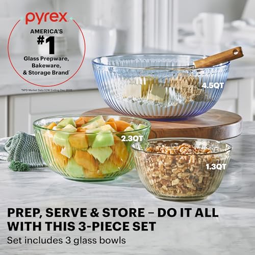 Pyrex Colors Tinted (3-Pack, Full Set) Sculpted Tinted Glass Mixing Bowls With Plastic Lids, Nesting Space Saving Set of Bowls For Prepping and Baking, 1.3QT, 2.3QT & 4.5QT - My Kitchen Products
