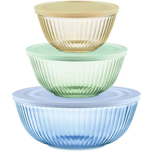 Pyrex Colors Tinted (3-Pack, Full Set) Sculpted Tinted Glass Mixing Bowls With Plastic Lids, Nesting Space Saving Set of Bowls For Prepping and Baking, 1.3QT, 2.3QT & 4.5QT - My Kitchen Products