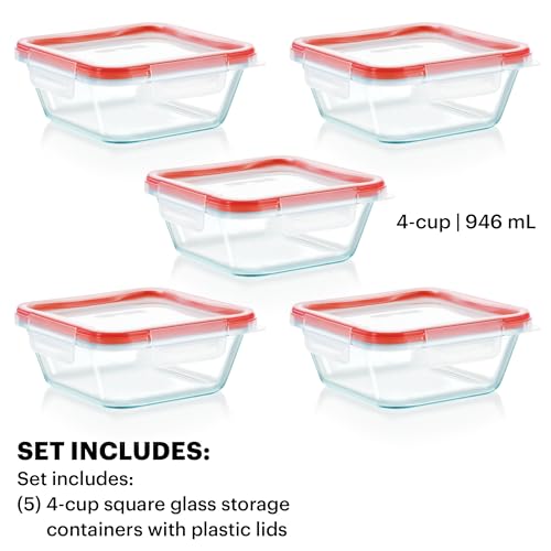 Pyrex Freshlock (5-Pack, 4 Cup) Glass Food Storage Containers Set, Airtight & Leakproof Plastic Locking Lids BPA-Free, Meal Prep Containers Set, Freezer Dishwasher Microwave Safe - My Kitchen Products