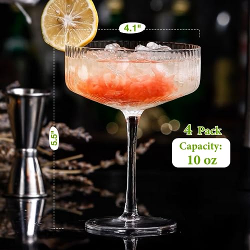 Qipecedm 4 Pcs Ribbed Coupe Glasses, 10 oz Vintage Coupe Glass Set, Unique Martini Glass, Classic Cocktail Galssware, Bar Drinking Glasses Set Pefect for Cocktail, Wine, Champagne & Gift - My Kitchen Products