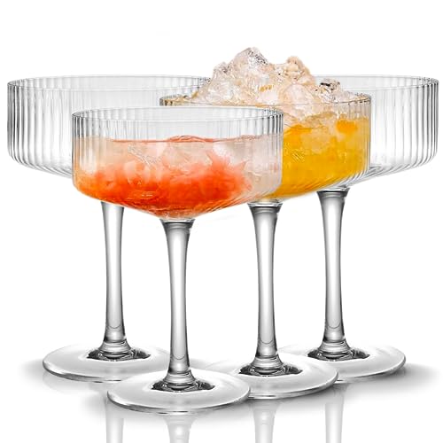Qipecedm 4 Pcs Ribbed Coupe Glasses, 10 oz Vintage Coupe Glass Set, Unique Martini Glass, Classic Cocktail
