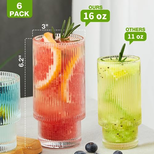 Qipecedm 6 Pack Ribbed Drinking Glasses, 16 oz Vintage Glass Cups, Highball Glasses, Premium Iced Coffee Glasses, Clear Glass Tumbler, Cocktail Glasses, Elegant Glassware for Water Juice Whiskey Beer - My Kitchen Products