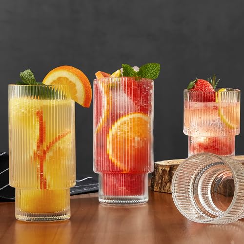 Qipecedm 6 Pack Ribbed Drinking Glasses, 16 oz Vintage Glass Cups, Highball Glasses, Premium Iced Coffee Glasses, Clear Glass Tumbler, Cocktail Glasses, Elegant Glassware for Water Juice Whiskey Beer - My Kitchen Products