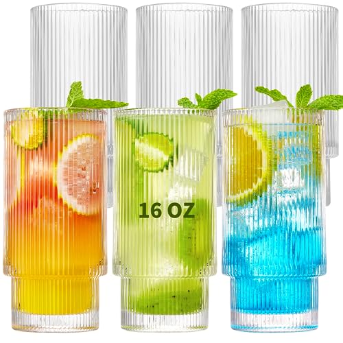 Qipecedm 6 Pack Ribbed Drinking Glasses, 16 oz Vintage Glass Cups, Highball Glasses, Premium Iced Coffee