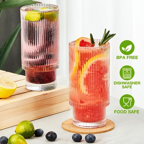 Qipecedm 6 Pack Ribbed Drinking Glasses, 16 oz Vintage Glass Cups, Highball Glasses, Premium Iced Coffee Glasses, Clear Glass Tumbler, Cocktail Glasses, Elegant Glassware for Water Juice Whiskey Beer - My Kitchen Products