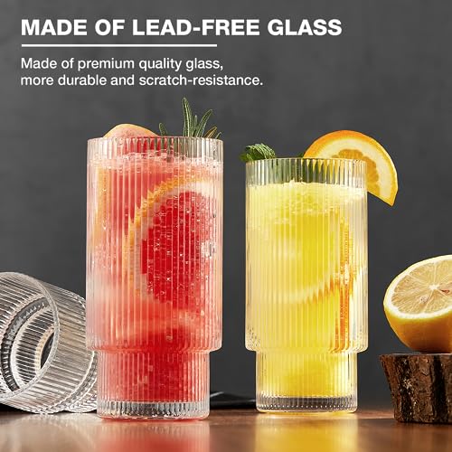 Qipecedm 6 Pack Ribbed Drinking Glasses, 16 oz Vintage Glass Cups, Highball Glasses, Premium Iced Coffee Glasses, Clear Glass Tumbler, Cocktail Glasses, Elegant Glassware for Water Juice Whiskey Beer - My Kitchen Products