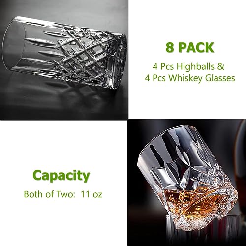 Qipecedm Drinking Glasses, 8 Piece Crystal Glass Cups, Mixed Glassware Set, 4 pcs Crystal Old Fashioned 11oz Highballs and 4 pcs 11oz Whiskey Glasses, Great for Cocktail, Whisky and other Beverages - My Kitchen Products