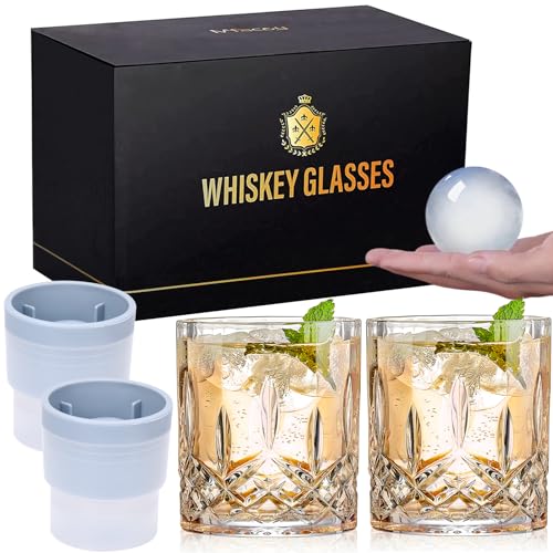 Qipecedm Old Fashioned Whiskey Glasses, Set of 4 (2 Crystal Bourbon Glasses, 2 Round Big Ice Ball Molds) In Gift