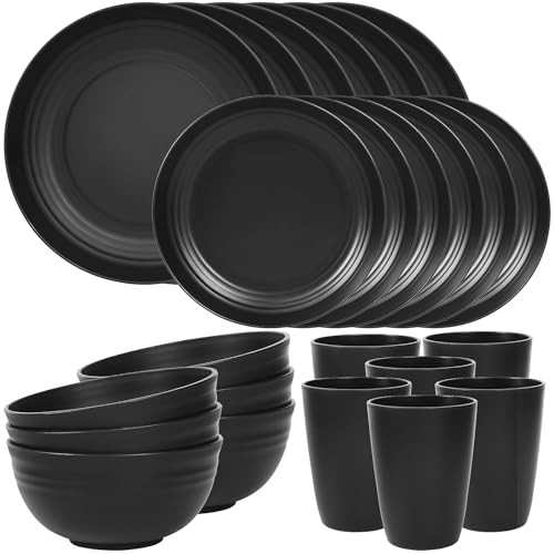 Quatish 24 Piece Plates and Bowls Sets for 6, Unbreakable Dinnerware Sets, Dish Set for Camping, Dishwasher Microwave Safe, Outdoor Kitchen and Apartment Dorm Dinning RV Essentials, Black - My Kitchen Products