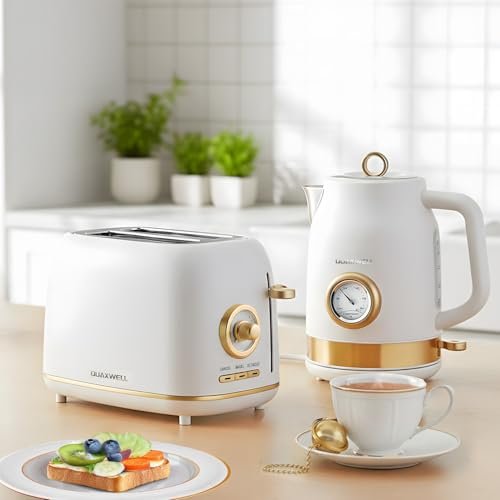 QUAXWELL 2-Slice Toaster, Wide Slots, 7 Bread Shade Settings, Stainless Steel, Bagel, Cancel, and Defrost Functions, Removable Crumb Tray, Retro Style Toaster,Matte White and Gold - My Kitchen Products