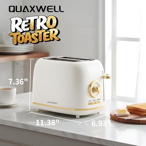 QUAXWELL 2-Slice Toaster, Wide Slots, 7 Bread Shade Settings, Stainless Steel, Bagel, Cancel, and Defrost Functions, Removable Crumb Tray, Retro Style Toaster,Matte White and Gold - My Kitchen Products