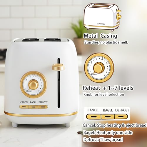 QUAXWELL 2-Slice Toaster, Wide Slots, 7 Bread Shade Settings, Stainless Steel, Bagel, Cancel, and Defrost Functions, Removable Crumb Tray, Retro Style Toaster,Matte White and Gold - My Kitchen Products