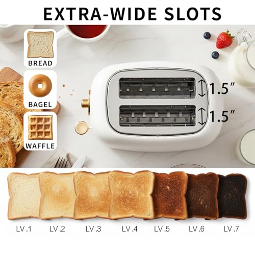 QUAXWELL 2-Slice Toaster, Wide Slots, 7 Bread Shade Settings, Stainless Steel, Bagel, Cancel, and Defrost Functions, Removable Crumb Tray, Retro Style Toaster,Matte White and Gold - My Kitchen Products