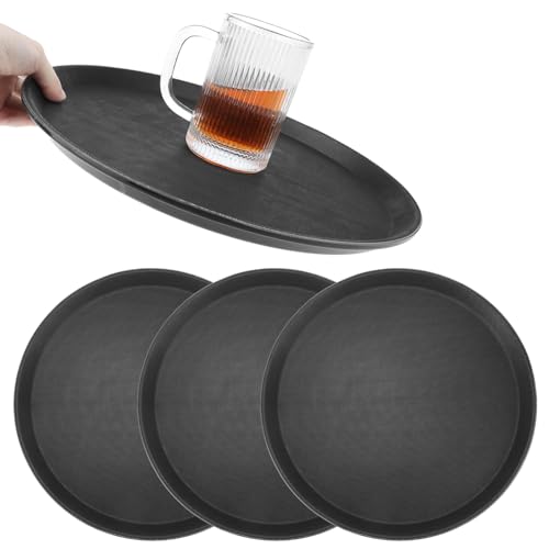 QWORK 14-Inch Round Non-Slip Serving Tray Set - 4Pack Rubber Surface Drink & Meal Carrier for Home, Café & Catering