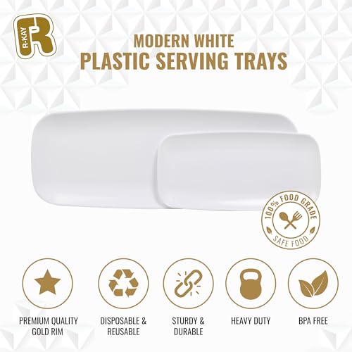 R-kay 4 Pack White Plastic Serving Trays for Party - White Serving Tray 17 by 6.5 in - Rectangular Heavy Duty Dessert Trays for Food - My Kitchen Products
