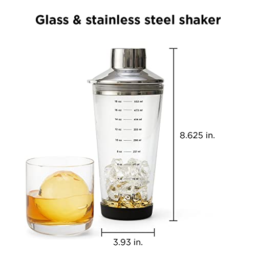 Rabbit 18 oz Glass Cocktail Shaker with Printed Measurements, Multi-Use Stainless Steel Topper with 1.5 oz Jigger Cap and Strainer, 3.94 x 3.54 x 9.06 IN - My Kitchen Products