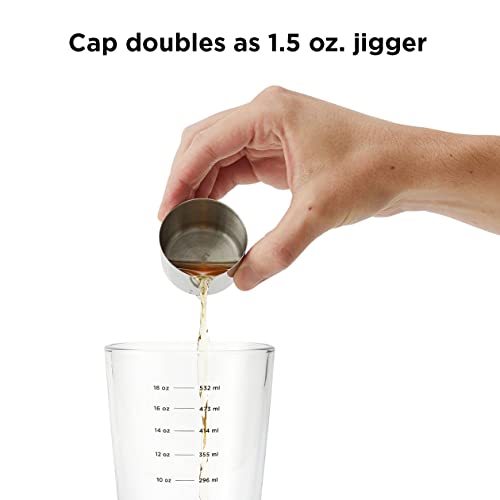 Rabbit 18 oz Glass Cocktail Shaker with Printed Measurements, Multi-Use Stainless Steel Topper with 1.5 oz Jigger Cap and Strainer, 3.94 x 3.54 x 9.06 IN - My Kitchen Products