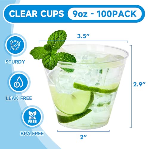 RACETOP 9 oz Clear Plastic Cups 100 packs, Disposable Plastic Party Cups Tumblers, Cocktail Cups, Perfect for Parties, Wedding and Events - My Kitchen Products