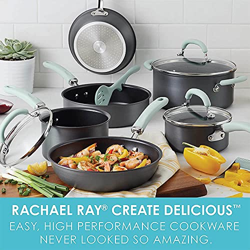 Rachael Ray 11-Piece Hard Anodized Aluminum Cookware Set, Light Blue Handles - My Kitchen Products
