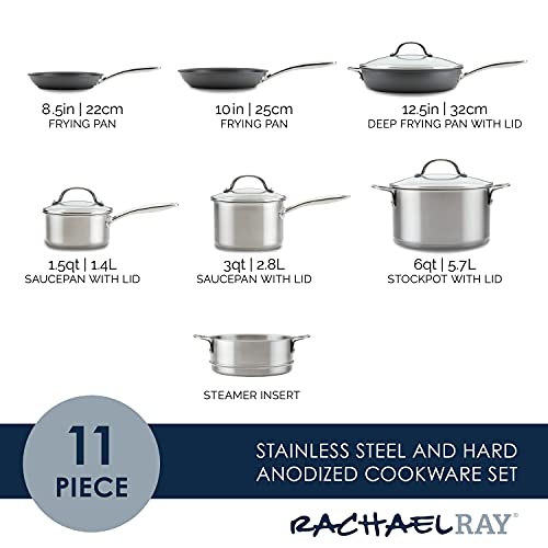 Rachael Ray 70033 Professional Stainless Steel/Hard Anodized Nonstick Cookware Pots and Pans Set, 11 Piece - Gray and Silver - My Kitchen Products