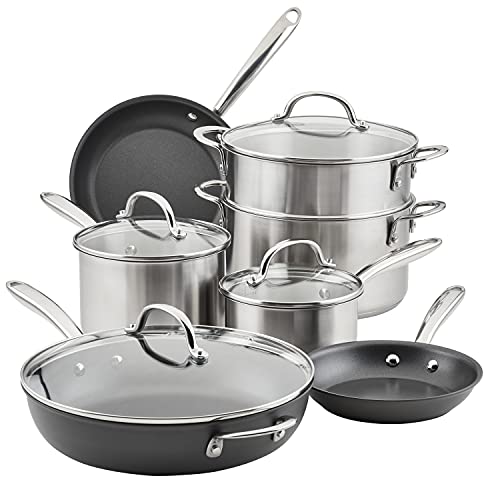 Rachael Ray 70033 Professional Stainless Steel/Hard Anodized Nonstick Cookware Pots and Pans Set, 11 Piece - Gray and Silver - My Kitchen Products