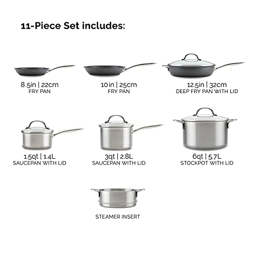 Rachael Ray 70033 Professional Stainless Steel/Hard Anodized Nonstick Cookware Pots and Pans Set, 11 Piece - Gray and Silver - My Kitchen Products