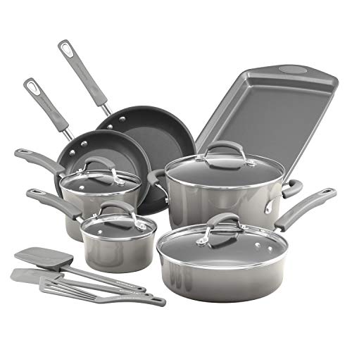 Rachael Ray Brights Nonstick Cookware Pots and Pans Set, 14 Piece, Sea Salt Gray - My Kitchen Products