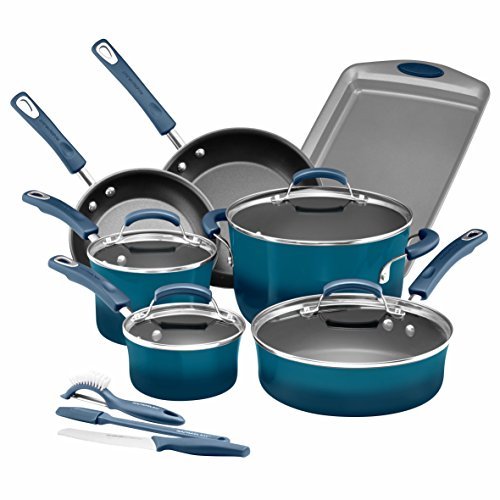 Rachael Ray Brights Nonstick Cookware Set / Pots and Pans Set - 14 Piece, Marine Blue - My Kitchen Products
