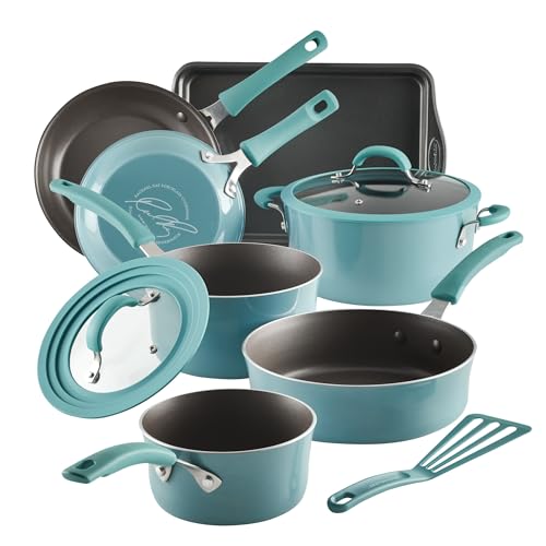 Rachael Ray Cook + Create Aluminum Nonstick Cookware Set, 10-Piece, Agave Blue - My Kitchen Products
