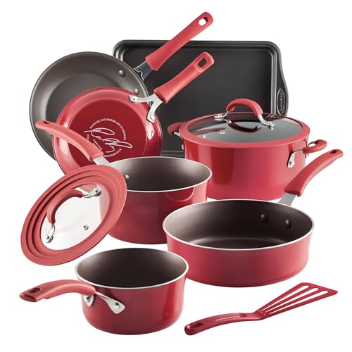 Rachael Ray Cook + Create Aluminum Nonstick Cookware Set, 10-Piece, Red - My Kitchen Products