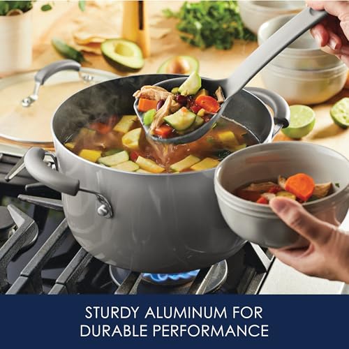 Rachael Ray Cookware Classic Brights Hard Enamel Aluminum Nonstick Cookware Set, 14-Piece, Sea Salt Gray - My Kitchen Products