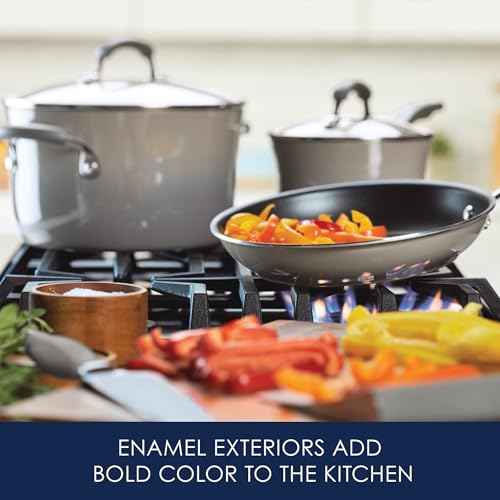 Rachael Ray Cookware Classic Brights Hard Enamel Aluminum Nonstick Cookware Set, 14-Piece, Sea Salt Gray - My Kitchen Products