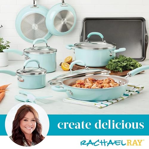 Rachael Ray Create 13 Piece Delicious Aluminum Nonstick Pots and Pans, Light Blue - My Kitchen Products