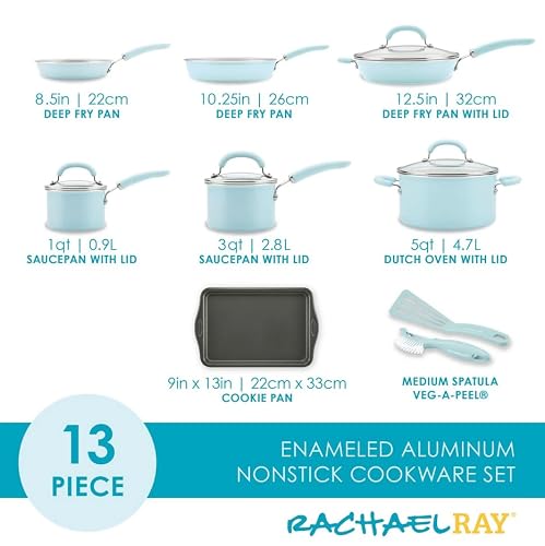 Rachael Ray Create 13 Piece Delicious Aluminum Nonstick Pots and Pans, Light Blue - My Kitchen Products