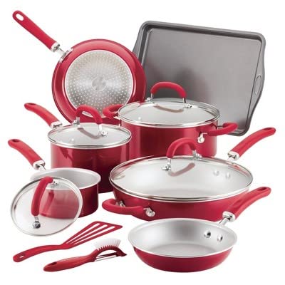Rachael Ray Create Delicious 13pc Aluminum Nonstick Cookware Set Red - My Kitchen Products