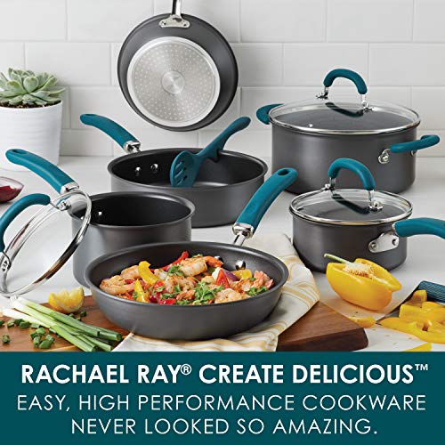 Rachael Ray Create Delicious Hard Anodized Nonstick Cookware Pots and Pans Set, 11 Piece, Gray with Teal Handles - My Kitchen Products